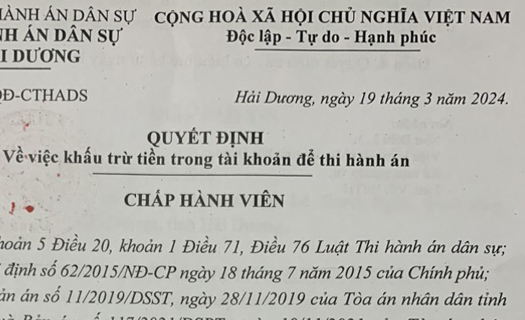 Cục thi hành án dân sự tỉnh Hải Dương: Khấu trừ tiền trong tài khoản để thi hành án
